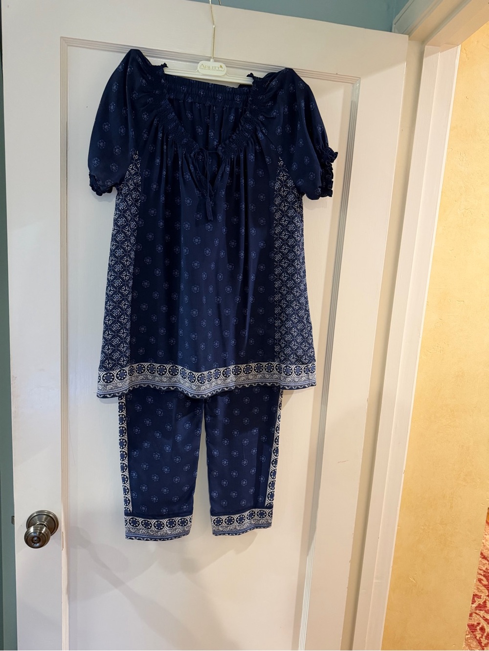 Navy Blue Girls' Two-Piece Pajama Set - Relaxed Peasant Top & Pants